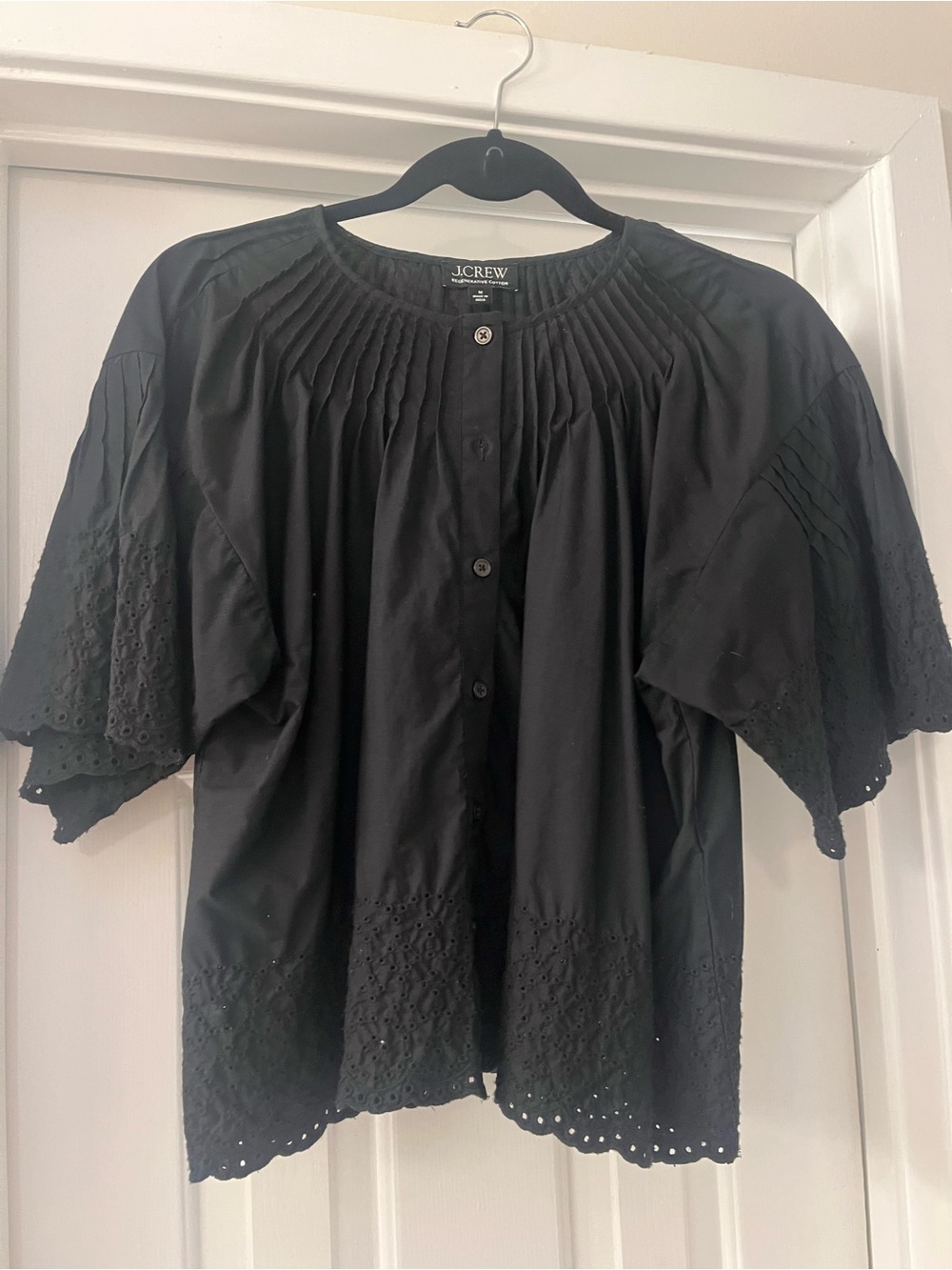J. Crew Black Pintuck Eyelet Button-Front Top